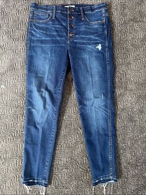 Madewell button fly Dark Blue Distressed released hem skinny Ankle Jeans sz 31